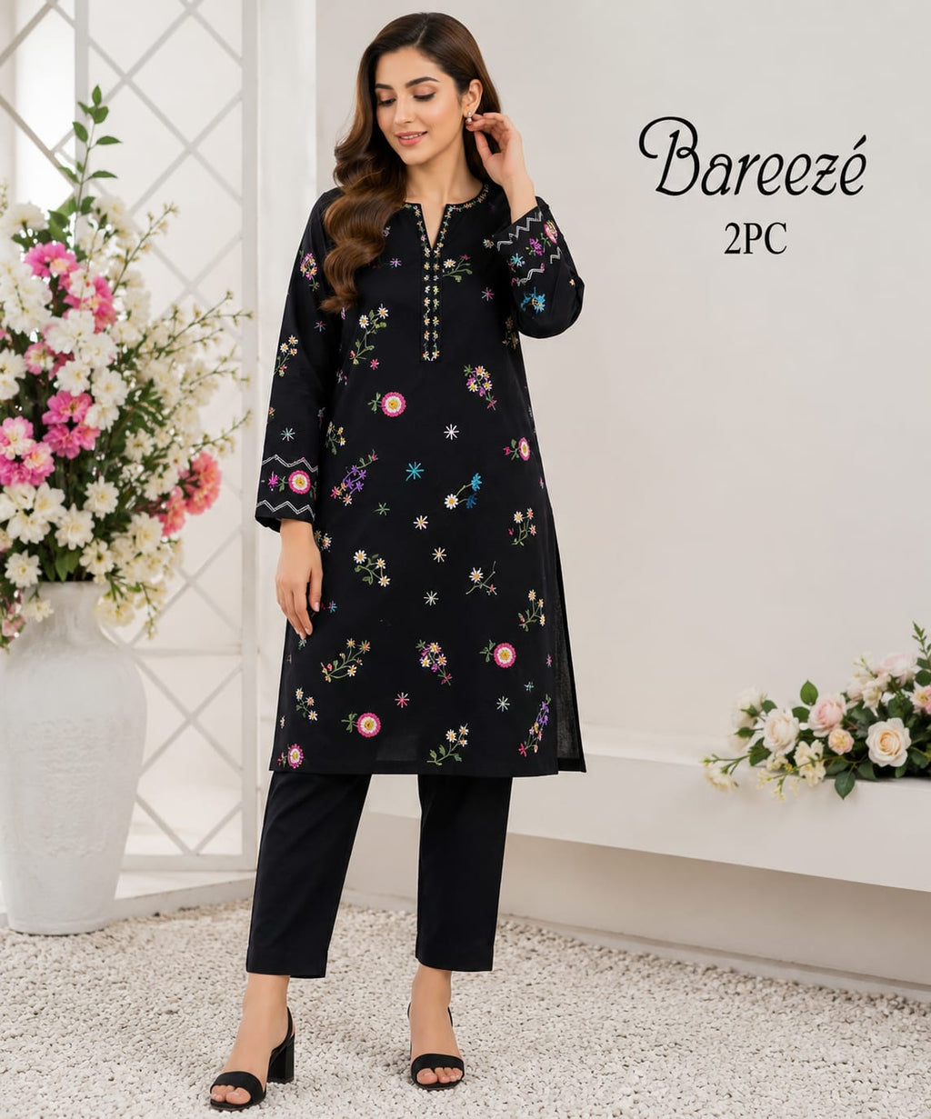 Shop the Bareeze embroidered lawn 2-piece unstitched suit with embroidered sleeves and dyed trouser. Order now from IZ Pattern and Place.