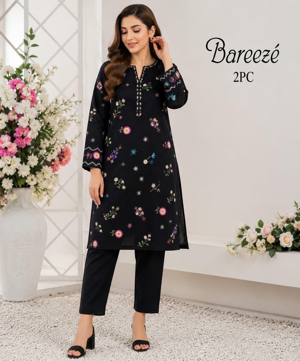 Shop the Bareeze embroidered lawn 2-piece unstitched suit with embroidered sleeves and dyed trouser. Order now from IZ Pattern and Place.