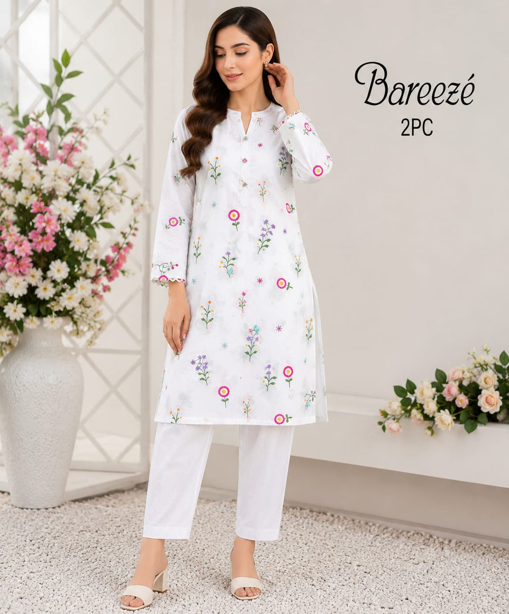 Shop the Bareeze embroidered lawn 2-piece unstitched suit with embroidered sleeves and dyed trouser. Order now from IZ Pattern and Place.