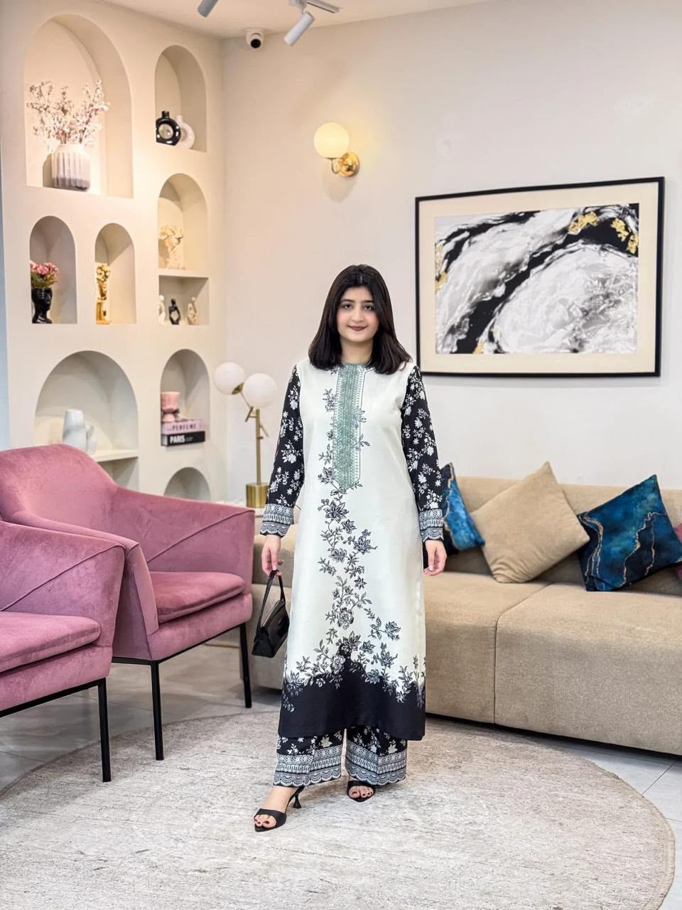 Shop the Maria B Digital Printed Silk 3-piece unstitched suit with matching silk dupatta. Order now from IZ Pattern and Place.