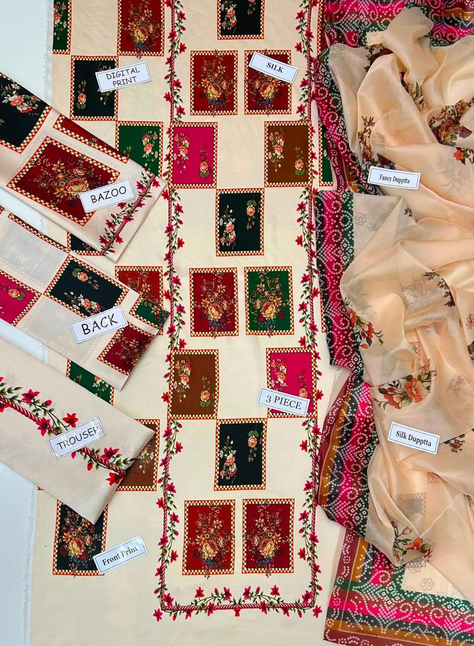 Shop the Maria B Digital Printed Silk 3-piece unstitched suit with matching silk dupatta. Order now from IZ Pattern and Place.
