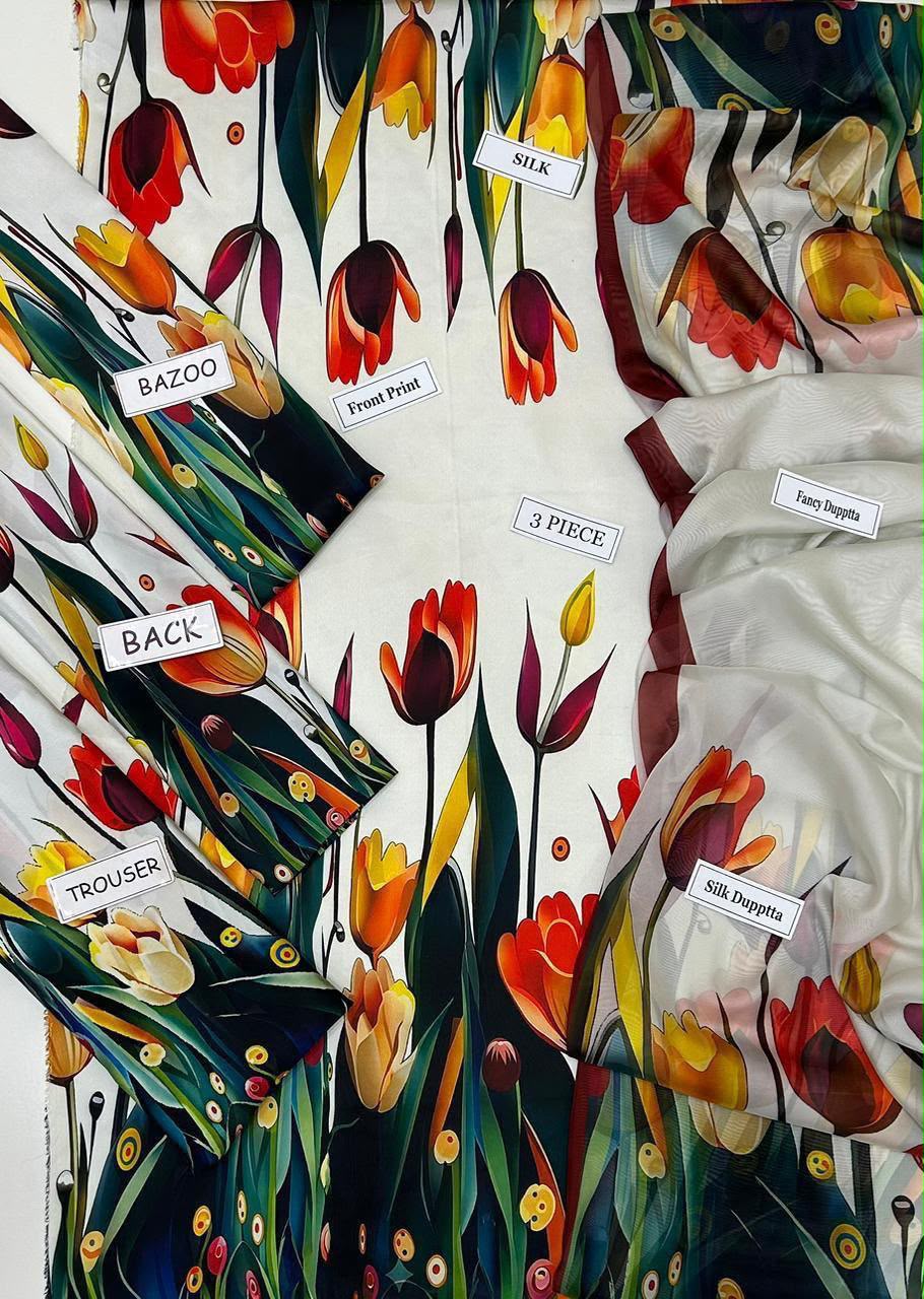 Shop the Maria B Digital Printed Silk 3-piece unstitched suit with matching silk dupatta. Order now from IZ Pattern and Place.