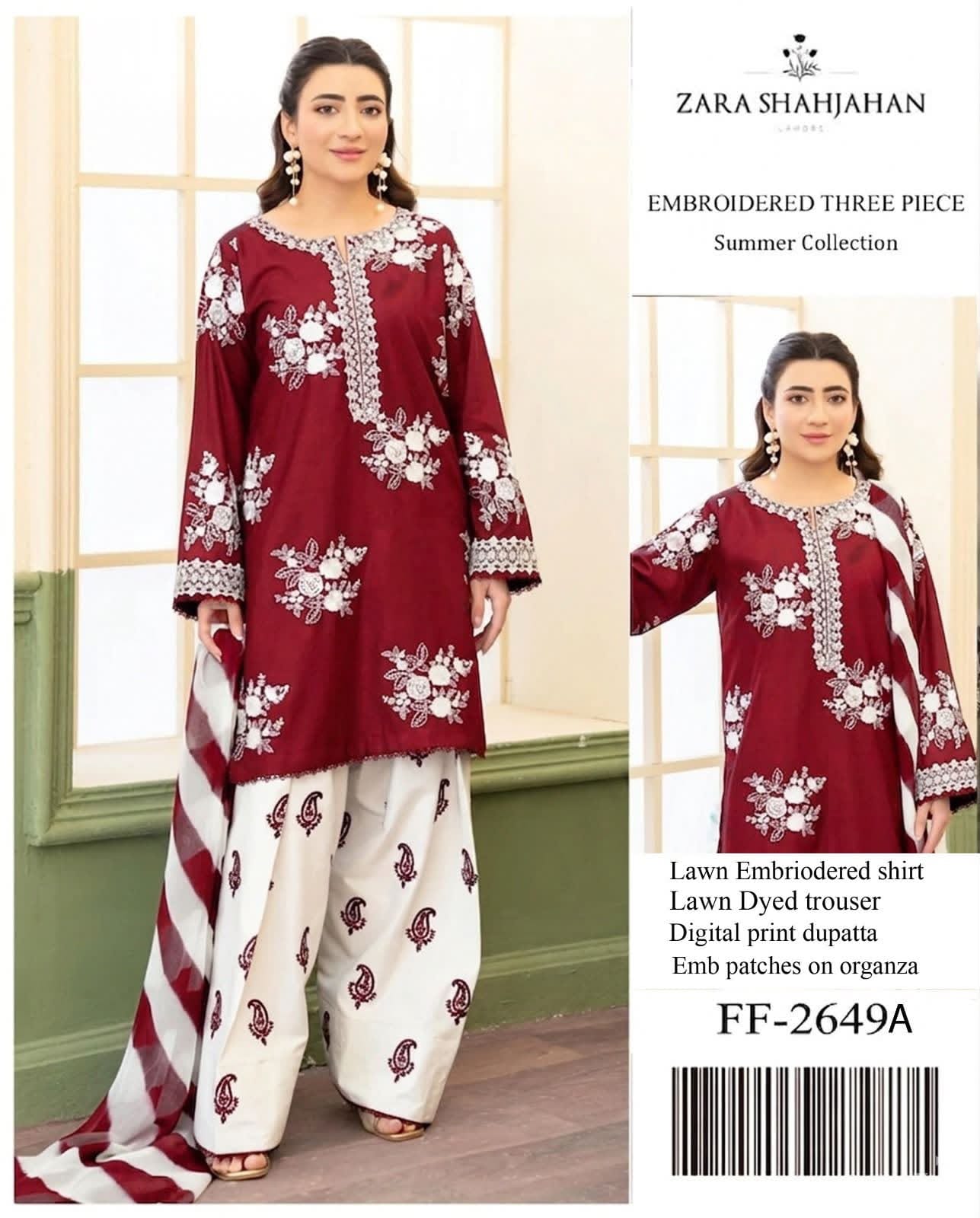 Shop the Zara Shahjahan FF2649-A Airjet Lawn embroidered 3-piece unstitched suit with digital printed Monar dupatta. Order now from IZ Pattern and Place.
