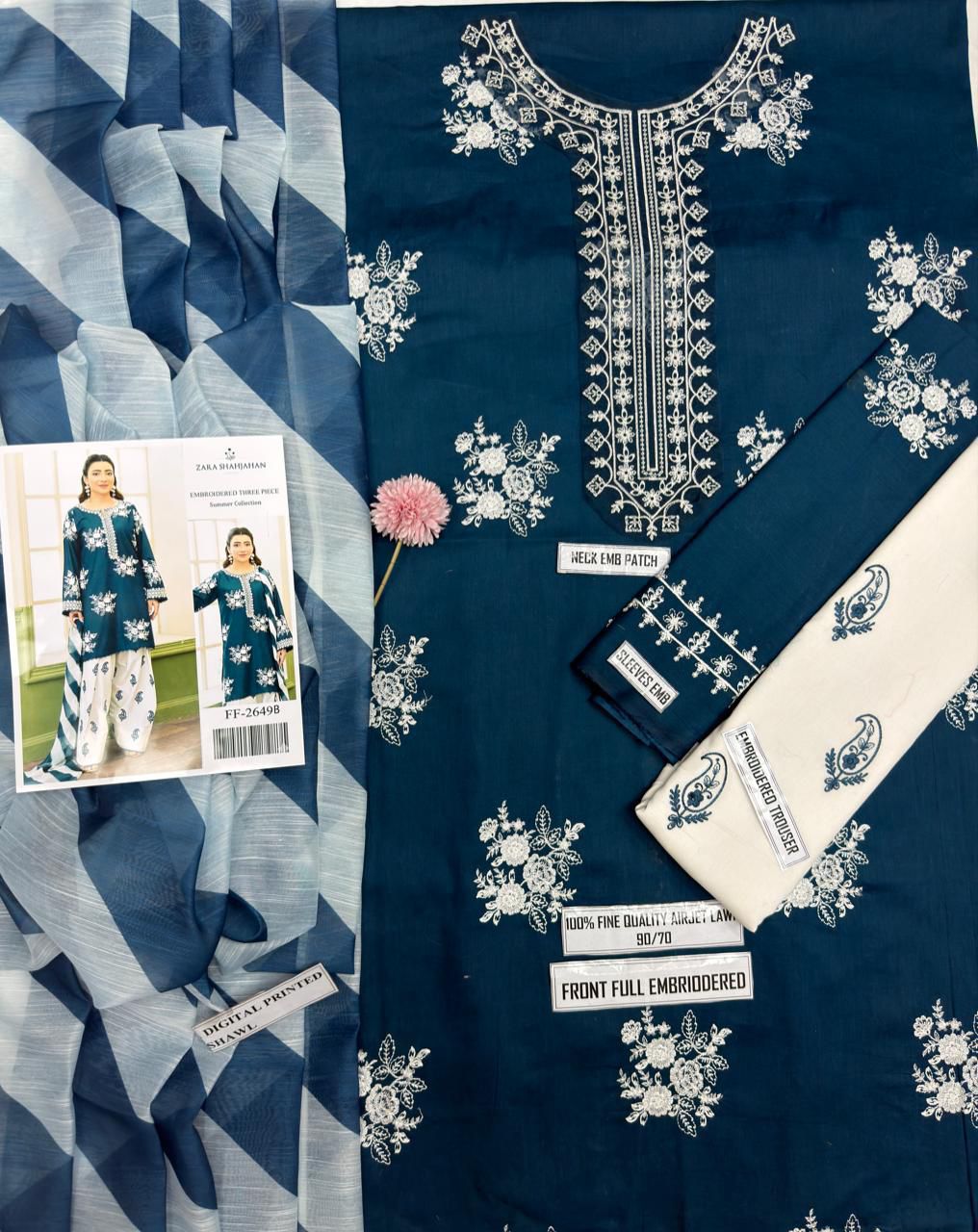 Shop the Zara Shahjahan FF2649-B Airjet Lawn embroidered 3-piece unstitched suit with digital printed Monar dupatta. Order now from IZ Pattern and Place.