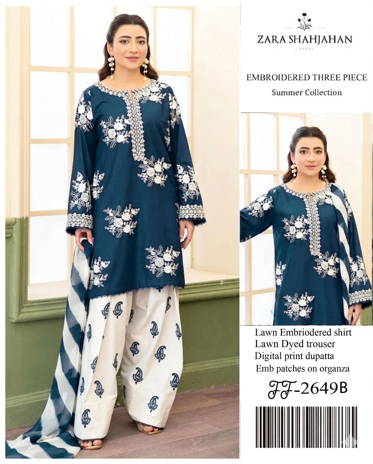 Shop the Zara Shahjahan FF2649-B Airjet Lawn embroidered 3-piece unstitched suit with digital printed Monar dupatta. Order now from IZ Pattern and Place.
