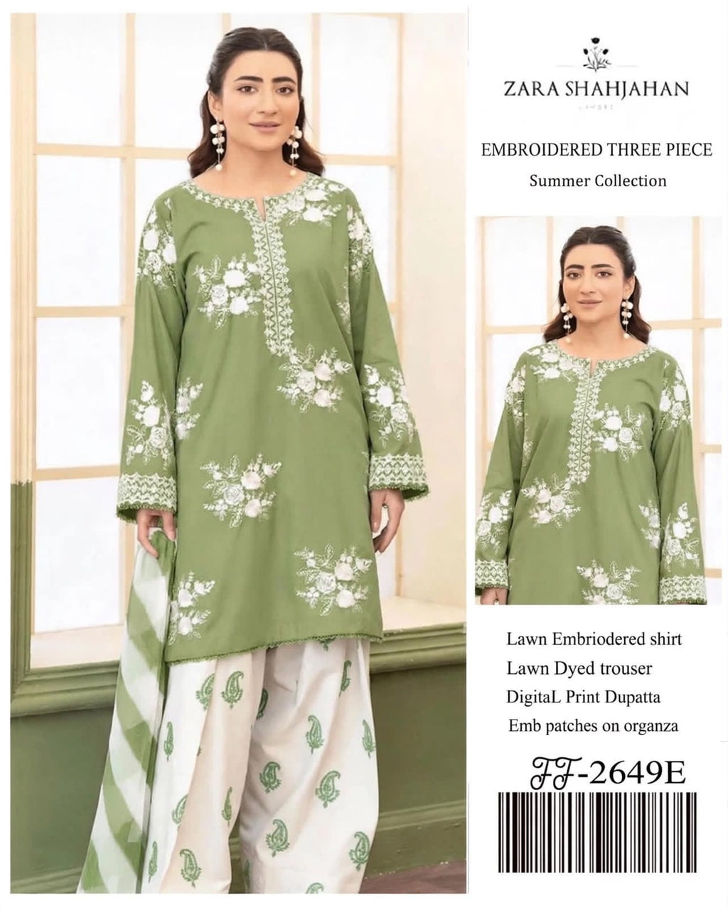 Shop the Zara Shahjahan FF2649-E Airjet Lawn embroidered 3-piece unstitched suit with digital printed Monar dupatta. Order now from IZ Pattern and Place.