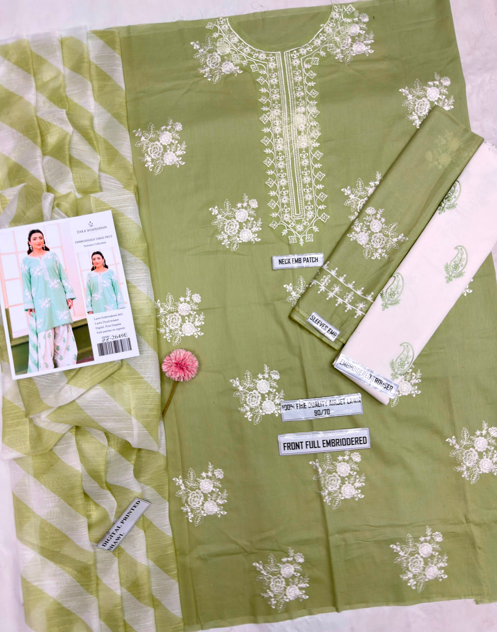 Shop the Zara Shahjahan FF2649-E Airjet Lawn embroidered 3-piece unstitched suit with digital printed Monar dupatta. Order now from IZ Pattern and Place.