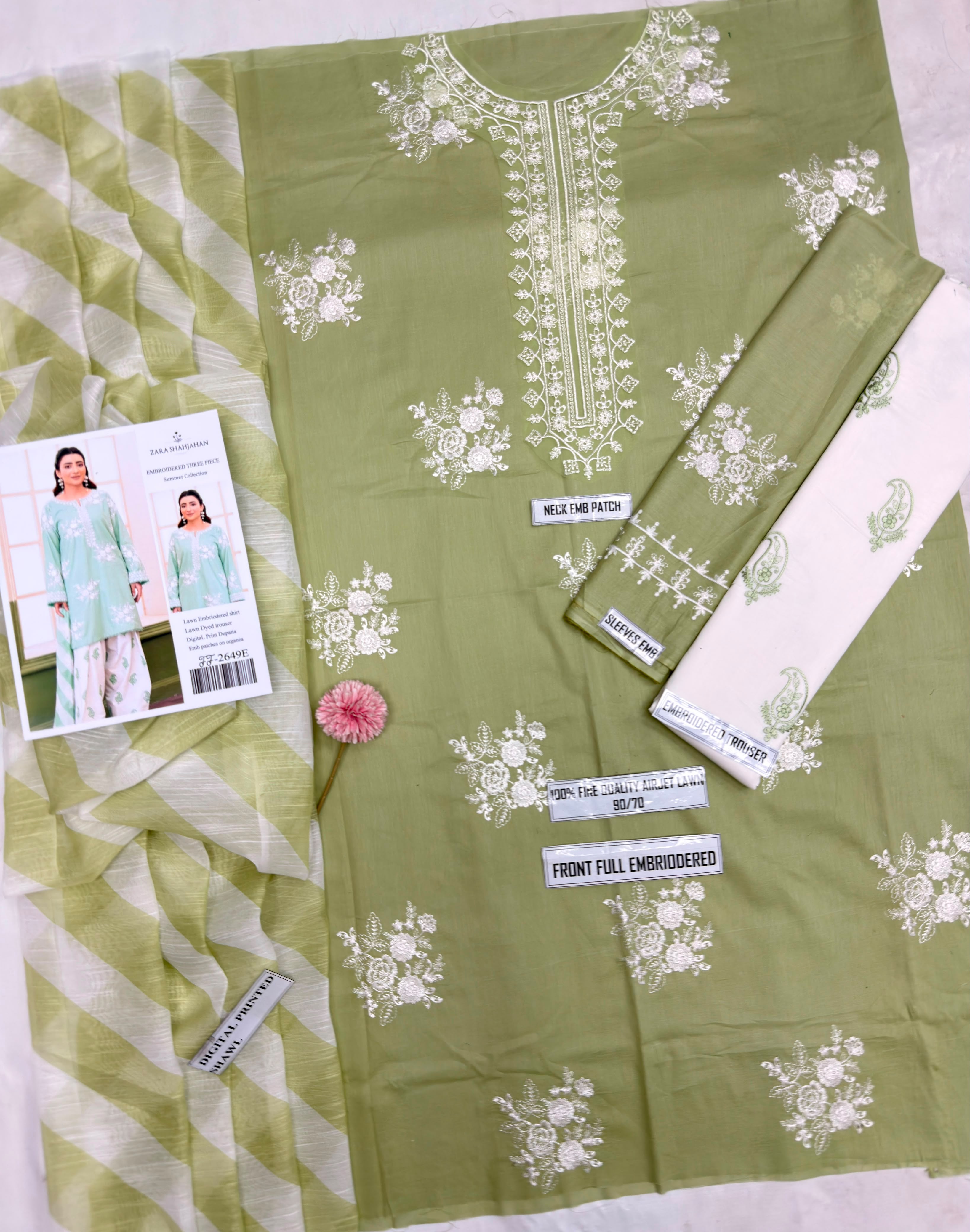 Shop the Zara Shahjahan FF2649-E Airjet Lawn embroidered 3-piece unstitched suit with digital printed Monar dupatta. Order now from IZ Pattern and Place.
