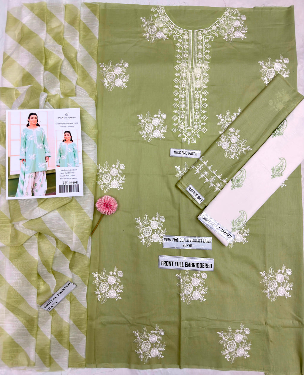 Shop the Zara Shahjahan FF2649-E Airjet Lawn embroidered 3-piece unstitched suit with digital printed Monar dupatta. Order now from IZ Pattern and Place.