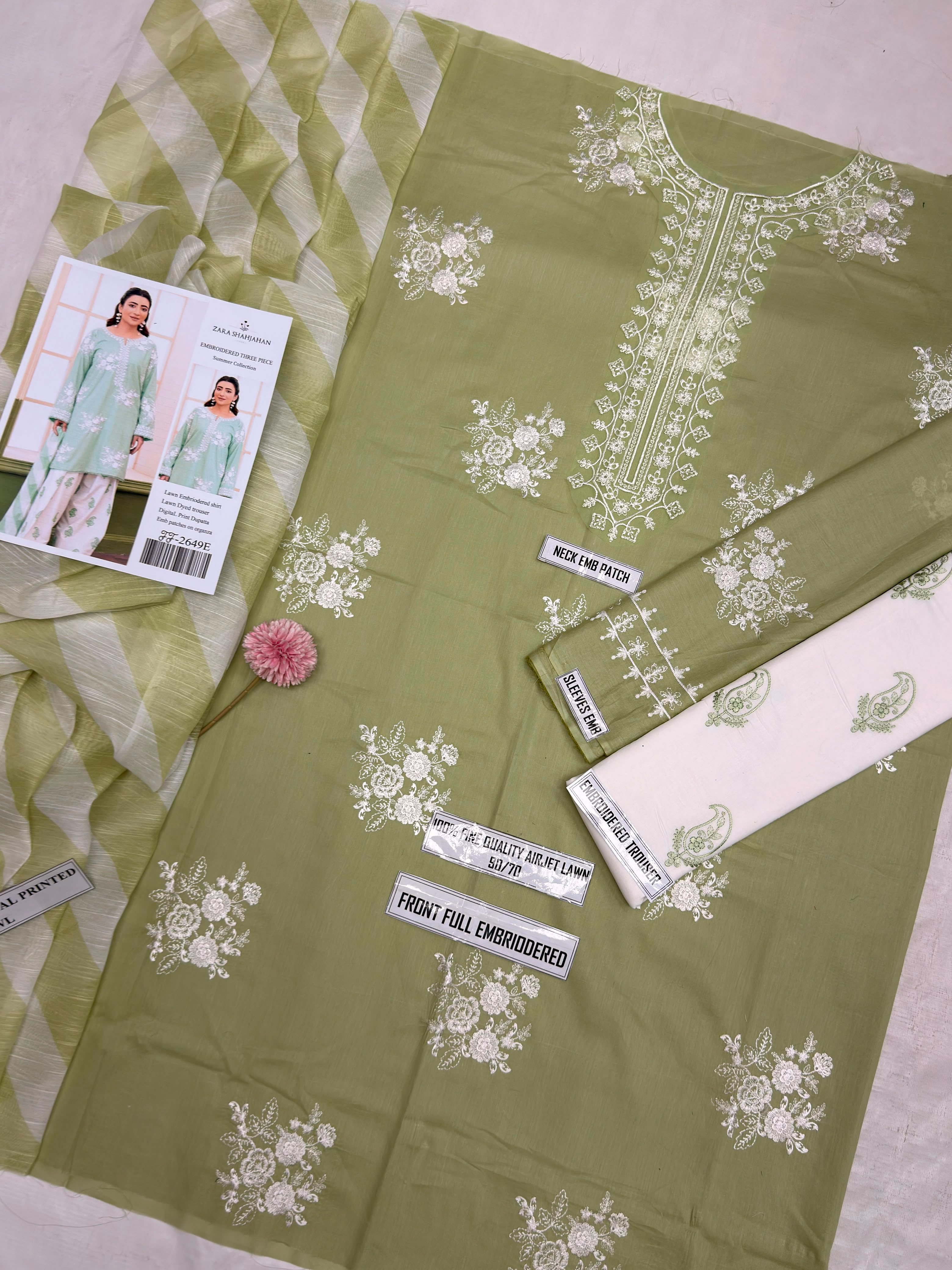 Shop the Zara Shahjahan FF2649-E Airjet Lawn embroidered 3-piece unstitched suit with digital printed Monar dupatta. Order now from IZ Pattern and Place.
