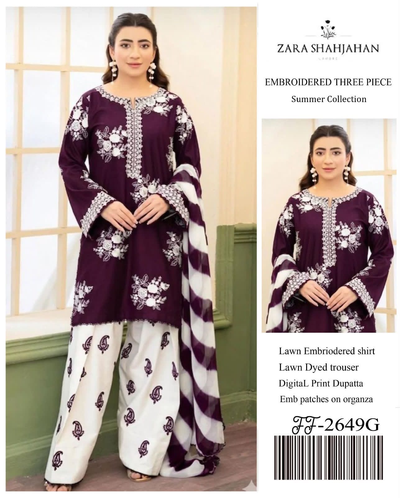 Shop the Zara Shahjahan FF2649-G Airjet Lawn embroidered 3-piece unstitched suit with digital printed Monar dupatta. Order now from IZ Pattern and Place.