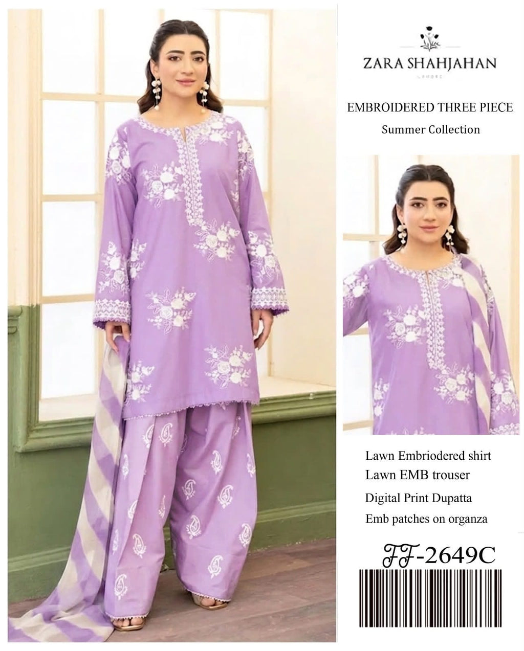 Shop the Zara Shahjahan FF2649-C Airjet Lawn embroidered 3-piece unstitched suit with digital printed Monar dupatta. Order now from IZ Pattern and Place.