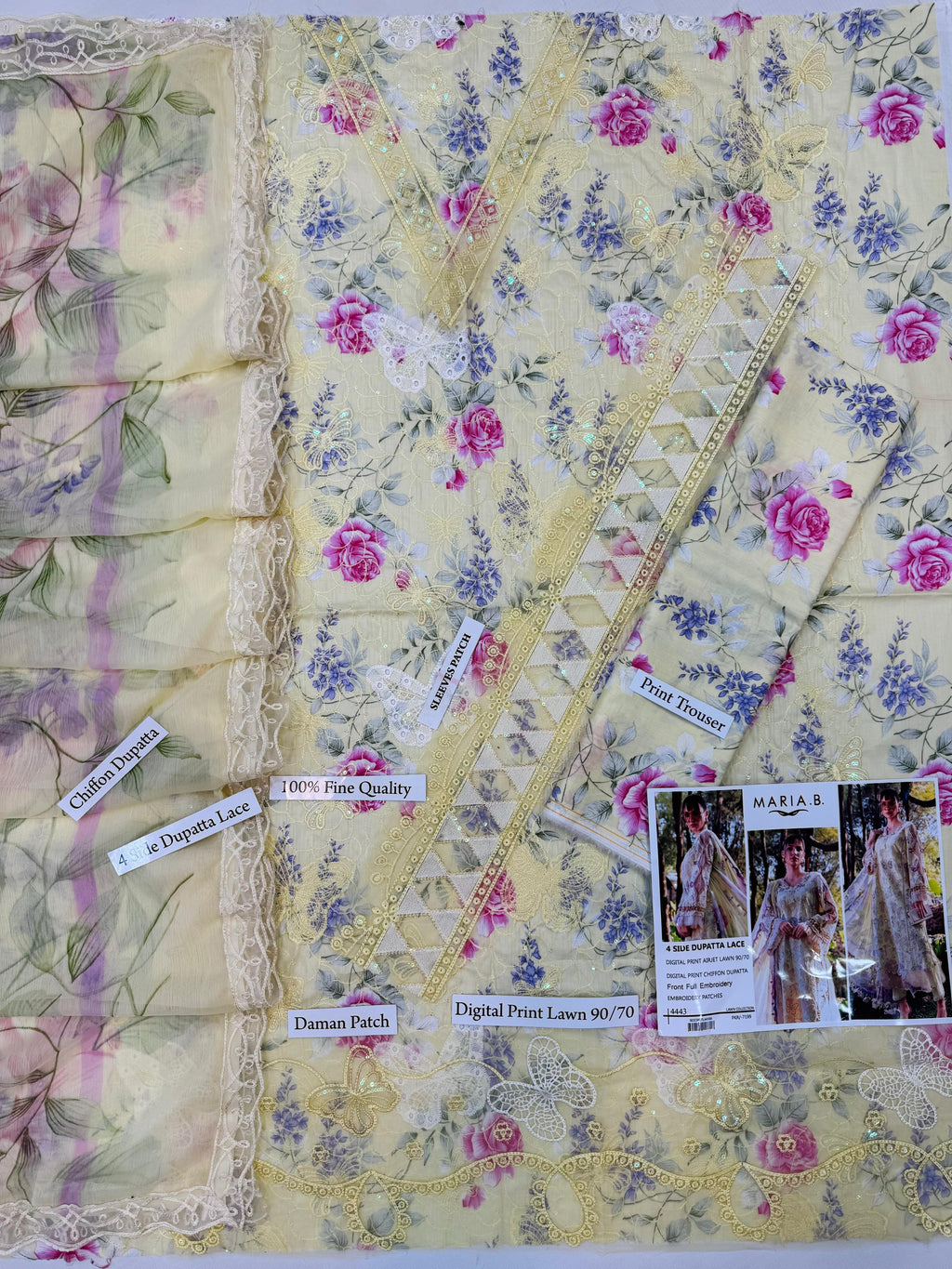 Shop the Maria B digital printed Airjet Lawn 3-piece unstitched suit with chiffon dupatta and heavy embroidery. Order now from IZ Pattern and Place.