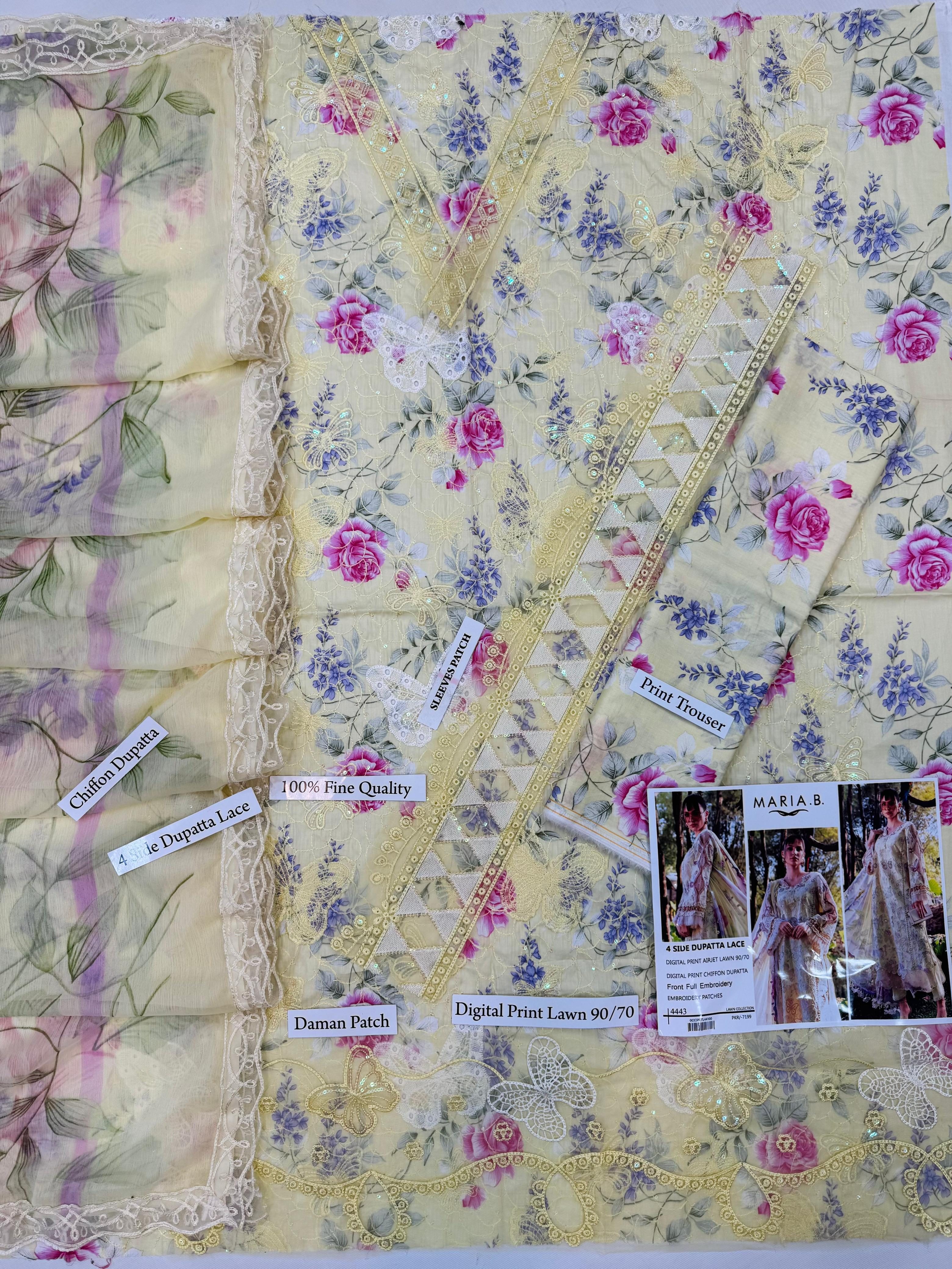 Shop the Maria B digital printed Airjet Lawn 3-piece unstitched suit with chiffon dupatta and heavy embroidery. Order now from IZ Pattern and Place.