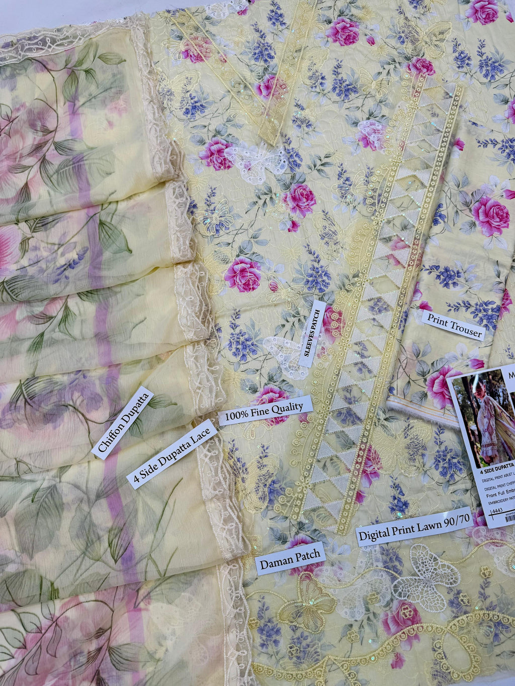 Shop the Maria B digital printed Airjet Lawn 3-piece unstitched suit with chiffon dupatta and heavy embroidery. Order now from IZ Pattern and Place.