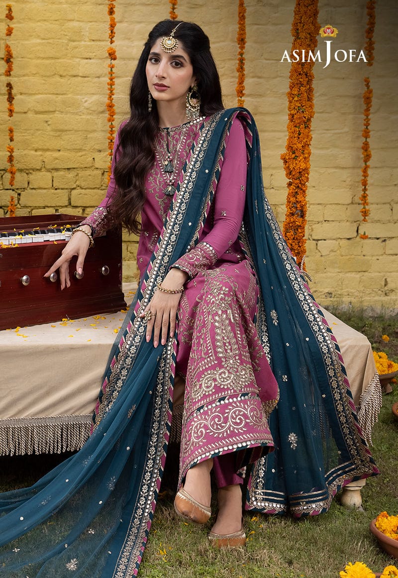 Shop the Asim Jofa embroidered summer lawn 3-piece unstitched suit with four-sided embroidered chiffon dupatta. Order now from IZ Pattern and Place.