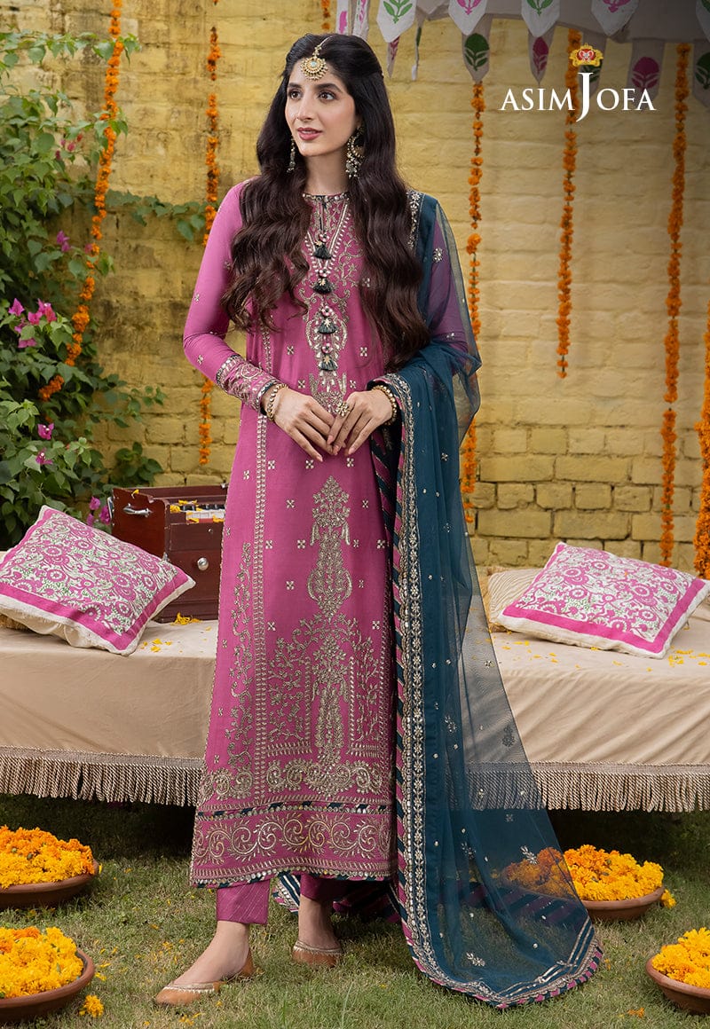 Shop the Asim Jofa embroidered summer lawn 3-piece unstitched suit with four-sided embroidered chiffon dupatta. Order now from IZ Pattern and Place.