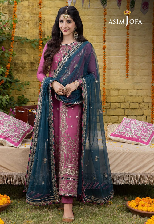 Shop the Asim Jofa embroidered summer lawn 3-piece unstitched suit with four-sided embroidered chiffon dupatta. Order now from IZ Pattern and Place.