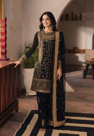 Shop the Asim Jofa embroidered summer lawn 3-piece unstitched suit with embroidered chiffon dupatta, fully embroidered trouser, and four-sided gotta lace. Order now from IZ Pattern and Place.