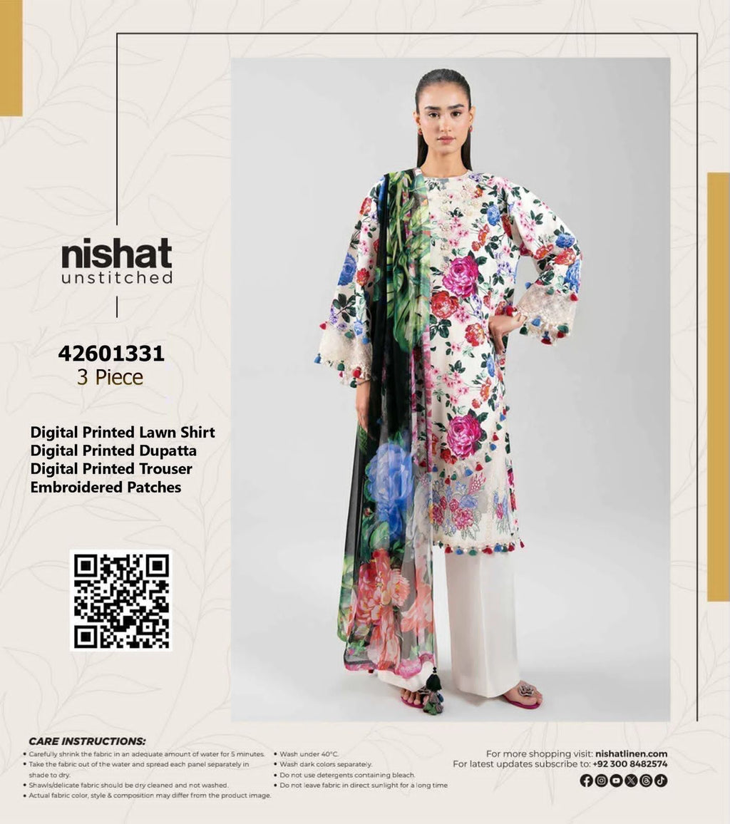 Shop the Nishat digital printed lawn 3-piece unstitched suit with chiffon dupatta, digital printed trouser, and embroidered organza detailing. Order now from IZ Pattern and Place.