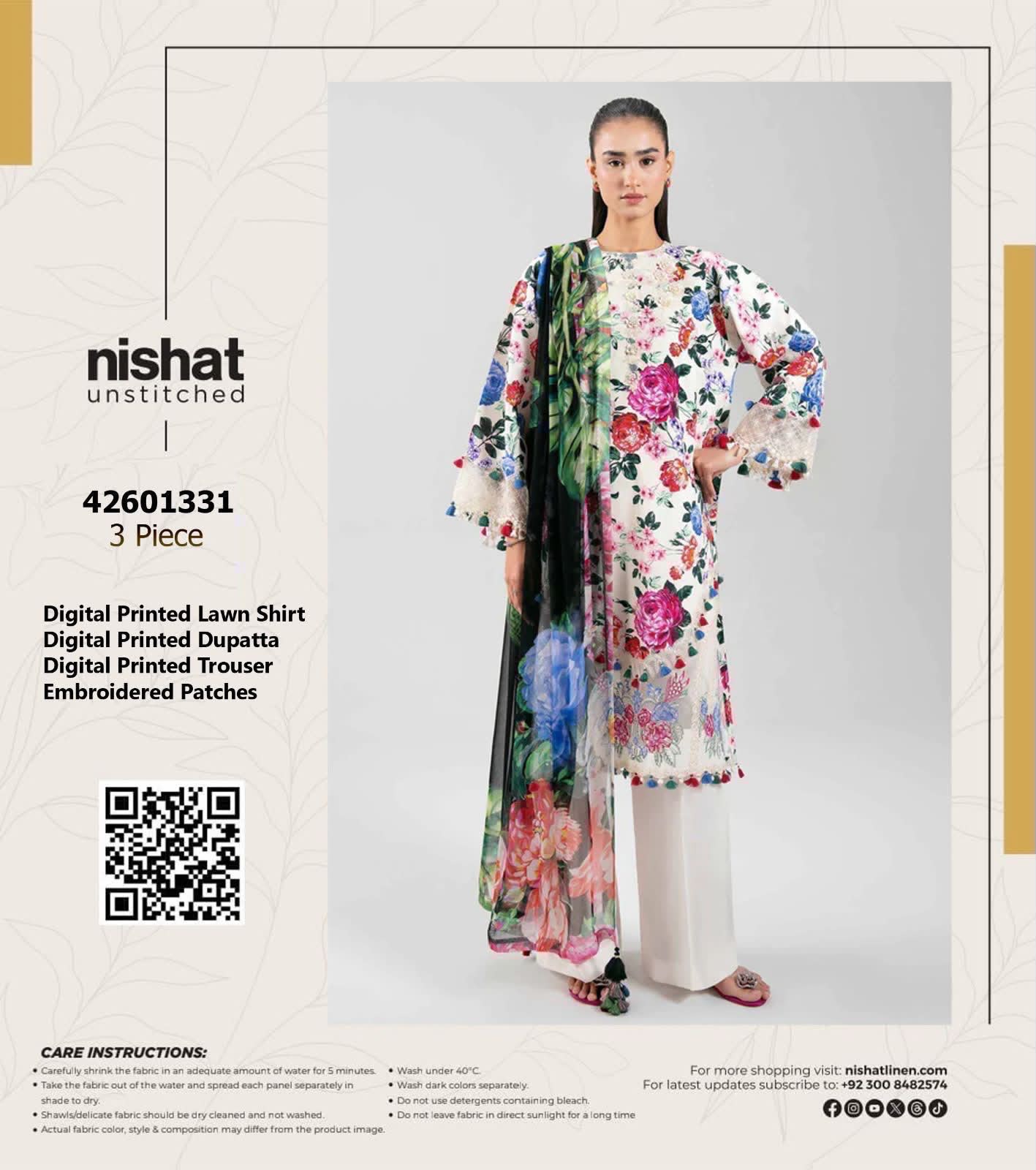 Shop the Nishat digital printed lawn 3-piece unstitched suit with chiffon dupatta, digital printed trouser, and embroidered organza detailing. Order now from IZ Pattern and Place.