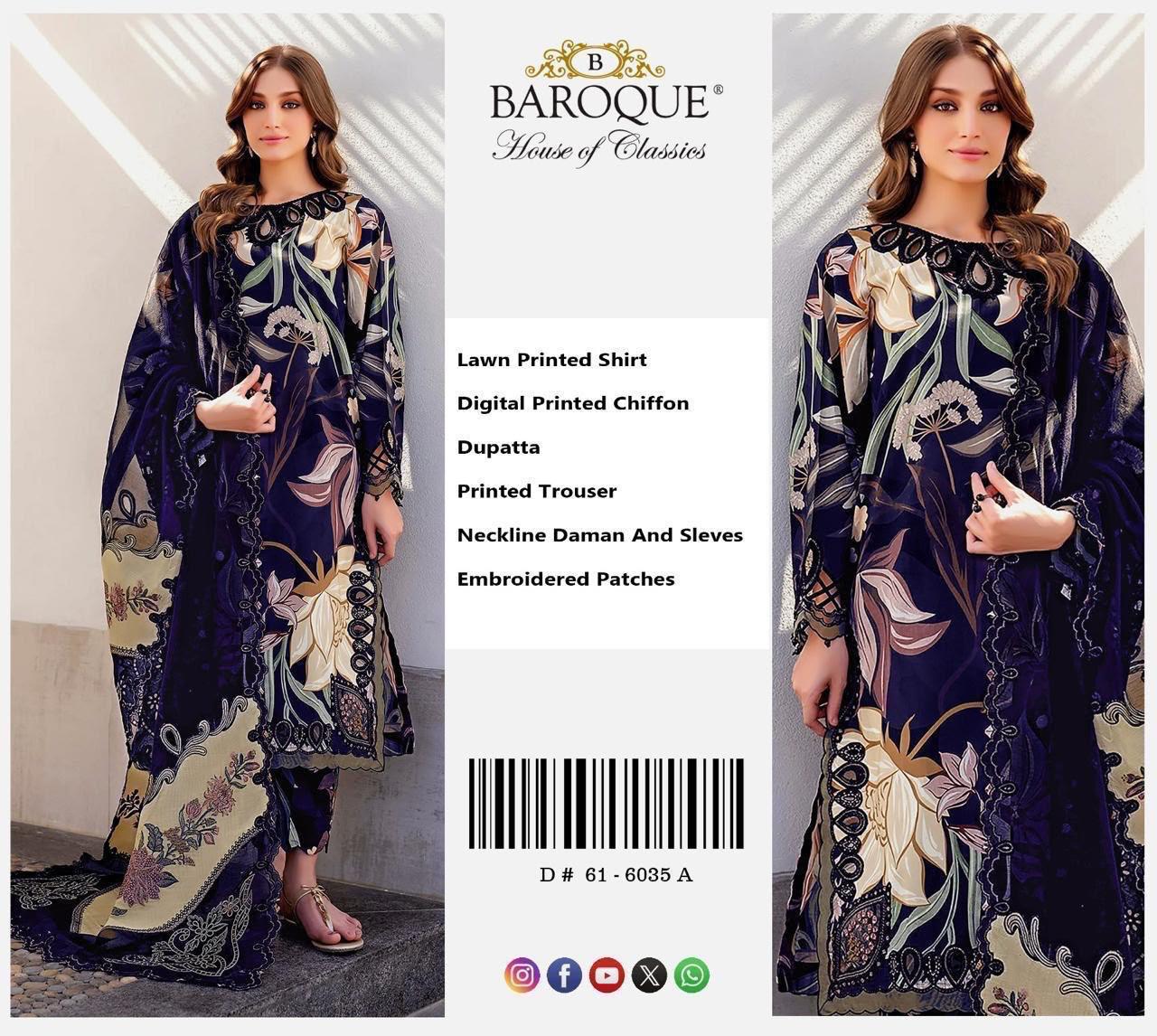 Shop the Baroque digital printed lawn 3-piece unstitched suit with chiffon dupatta, digital printed trouser, and embroidered organza patches. Order now from IZ Pattern and Place.