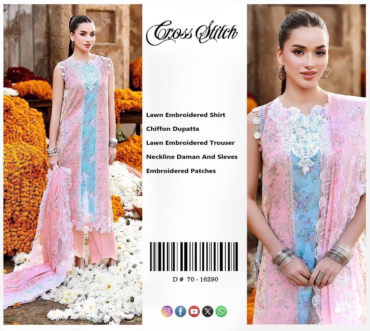 Shop the Cross Stitch embroidered lawn 3-piece unstitched suit with embroidered chiffon dupatta, printed trouser, and embroidered neckline, sleeves, and daman patches. Order now from IZ Pattern and Place.