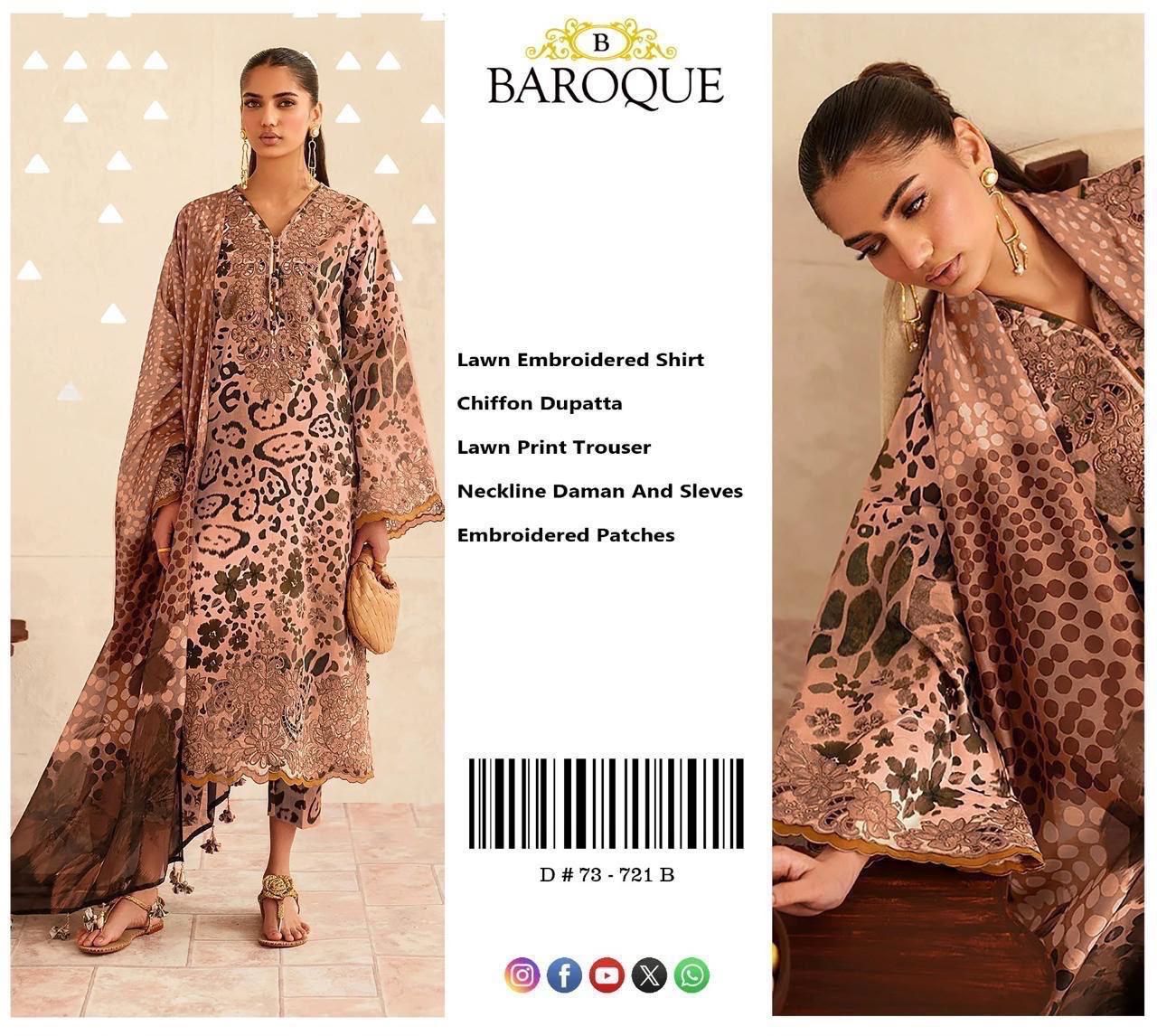 Shop the Baroque digital printed lawn 3-piece unstitched suit with chiffon dupatta, digital printed trouser, and embroidered organza patches. Order now from IZ Pattern and Place.