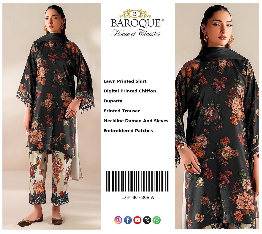 Shop the Baroque digital printed lawn 3-piece unstitched suit with chiffon dupatta, digital printed trouser, and embroidered organza patches. Order now from IZ Pattern and Place.