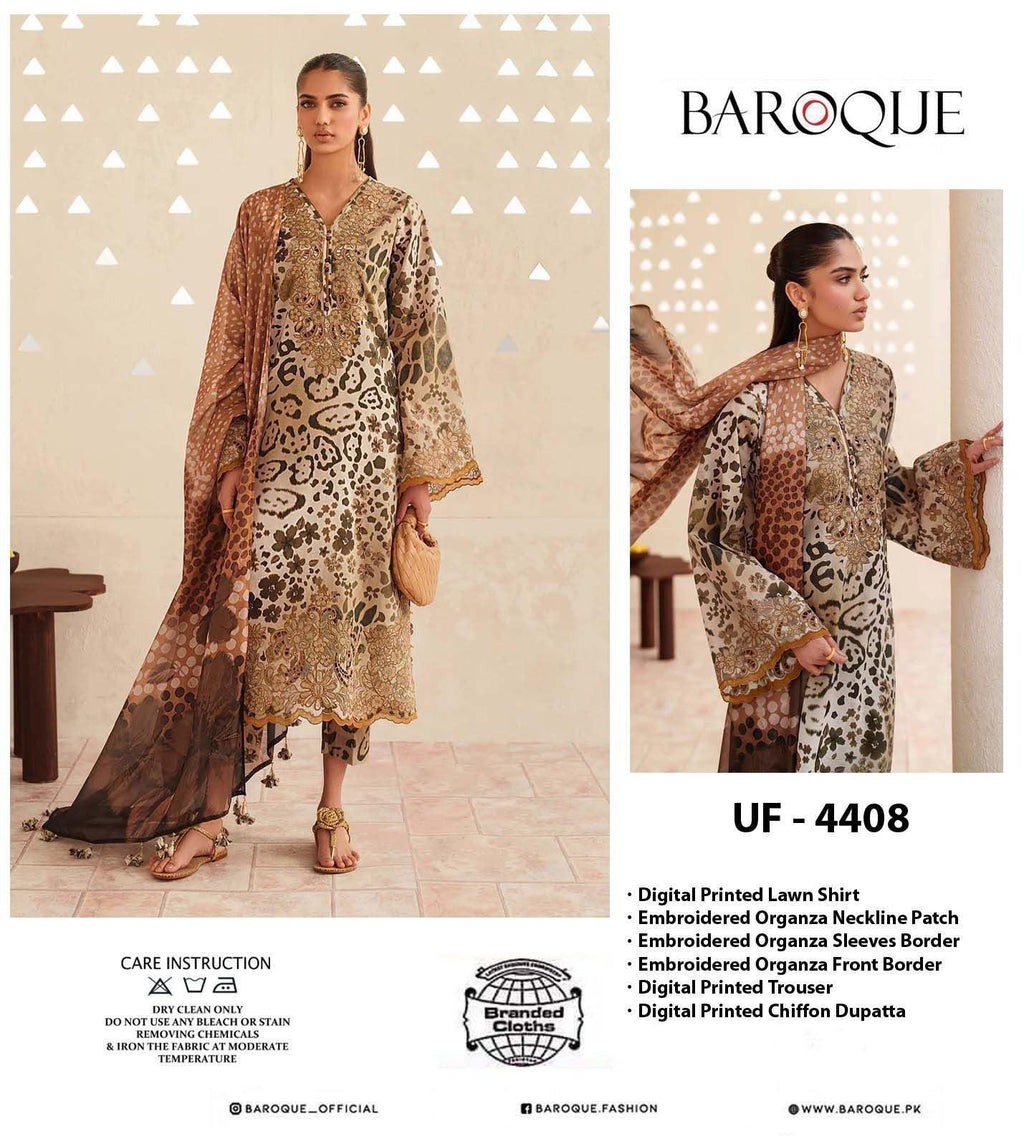 Shop the Baroque digital printed lawn 3-piece unstitched suit with chiffon dupatta, digital printed trouser, and embroidered organza patches. Order now from IZ Pattern and Place.