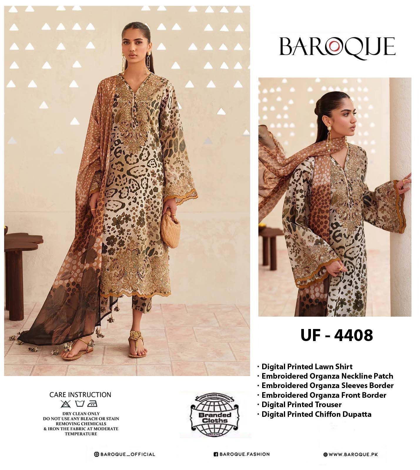 Shop the Baroque digital printed lawn 3-piece unstitched suit with chiffon dupatta, digital printed trouser, and embroidered organza patches. Order now from IZ Pattern and Place.