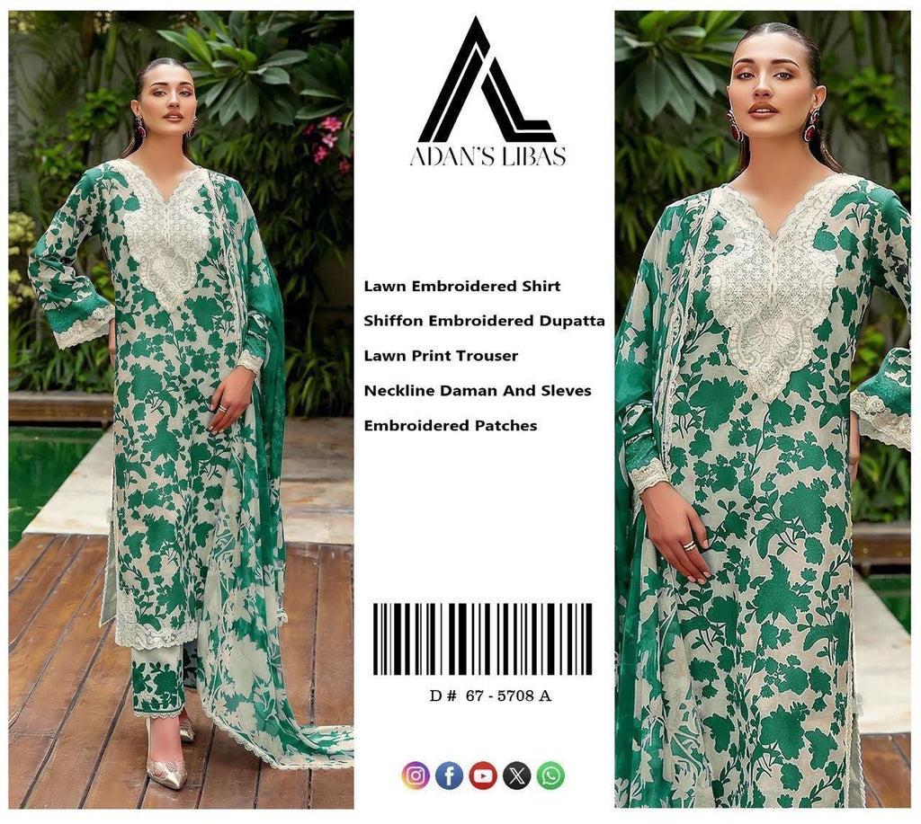 Shop the Adan's Libas digital printed lawn 3-piece unstitched suit with chiffon dupatta, digital printed trouser, and embroidered organza detailing. Order now from IZ Pattern and Place.