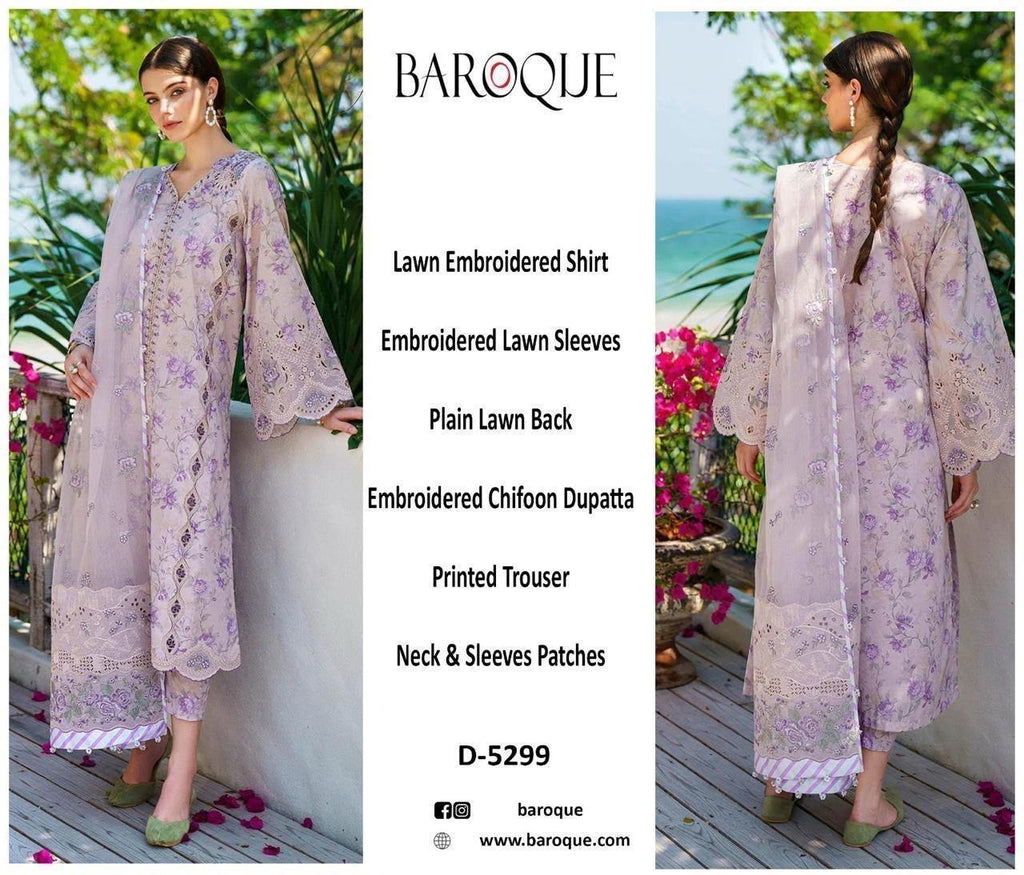 Shop the Baroque digital printed lawn 3-piece unstitched suit with chiffon dupatta, digital printed trouser, and embroidered organza patches. Order now from IZ Pattern and Place.