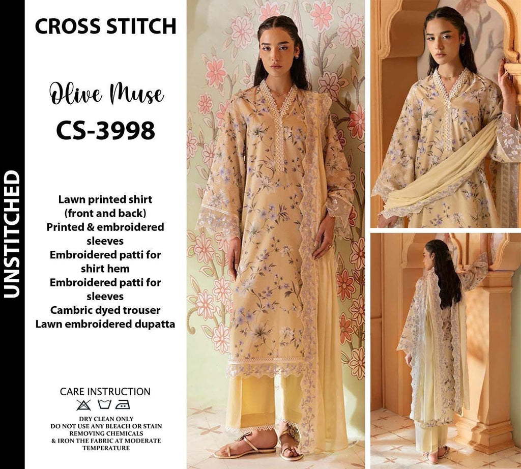 Shop the Cross Stitch digital printed lawn 3-piece unstitched suit with chiffon dupatta, digital printed trouser, and embroidered organza detailing. Order now from IZ Pattern and Place.