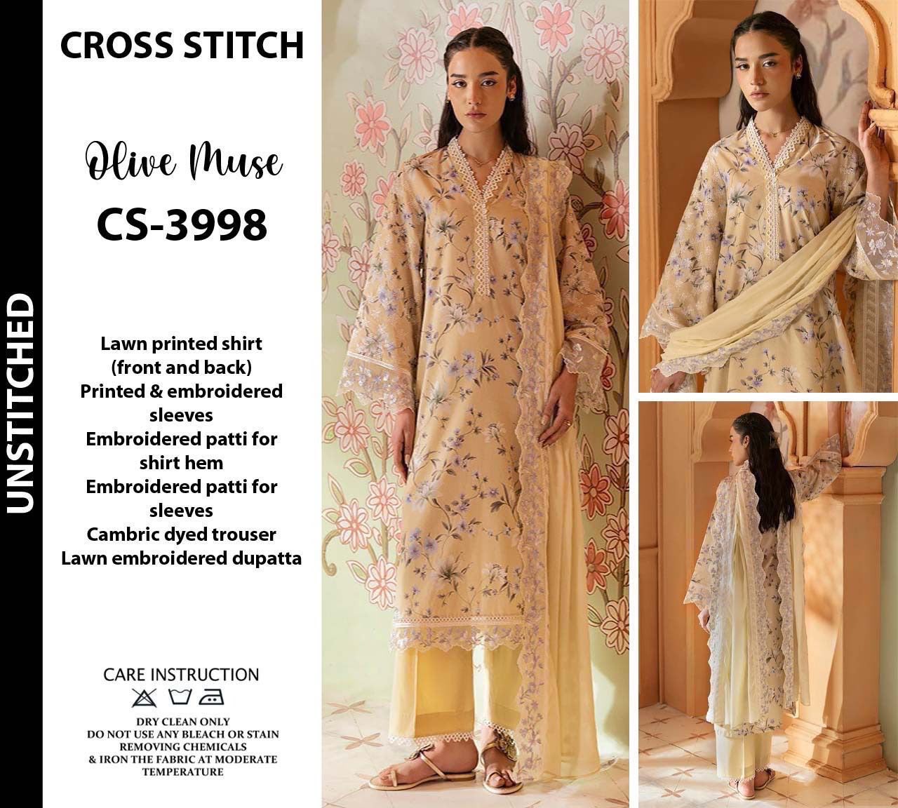 Shop the Cross Stitch digital printed lawn 3-piece unstitched suit with chiffon dupatta, digital printed trouser, and embroidered organza detailing. Order now from IZ Pattern and Place.