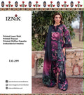 Shop the Iznik digital printed lawn 3-piece unstitched suit with chiffon dupatta, digital printed trouser, and embroidered organza detailing. Order now from IZ Pattern and Place.