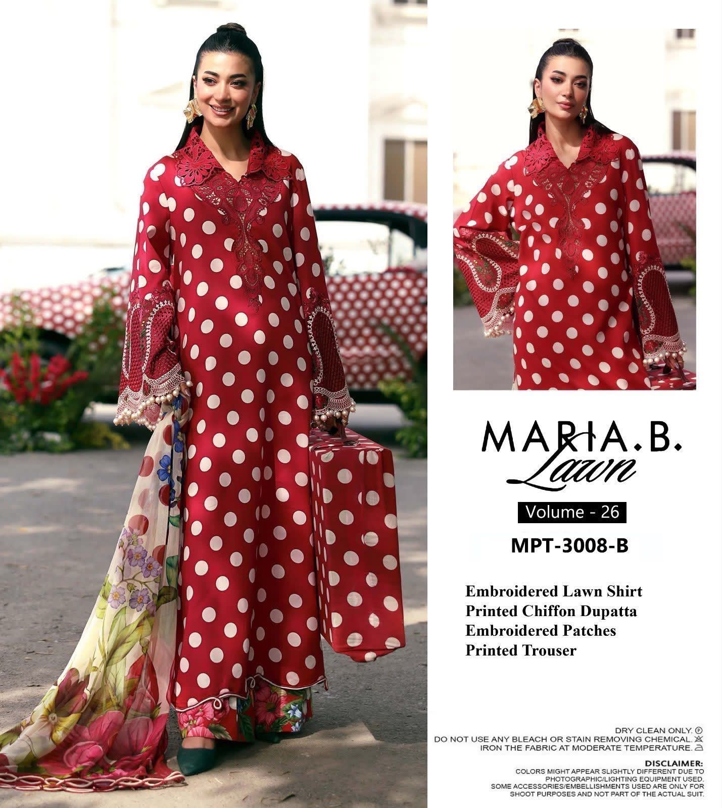 Shop the Maria.B digital printed lawn 3-piece unstitched suit with chiffon dupatta, digital printed trouser, and embroidered organza detailing. Order now from IZ Pattern and Place.