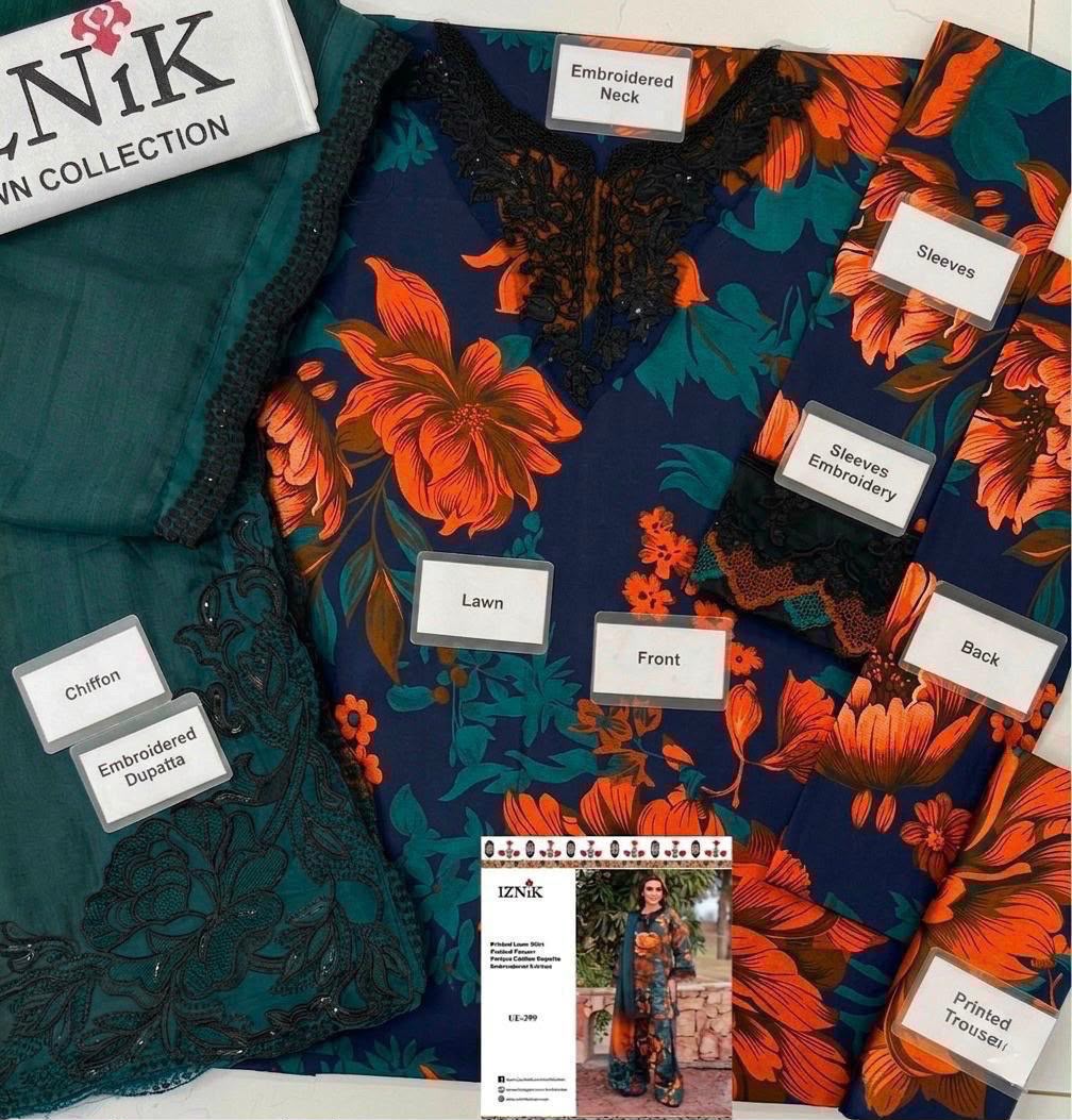 Shop the Iznik digital printed lawn 3-piece unstitched suit with chiffon dupatta, digital printed trouser, and embroidered organza detailing. Order now from IZ Pattern and Place.