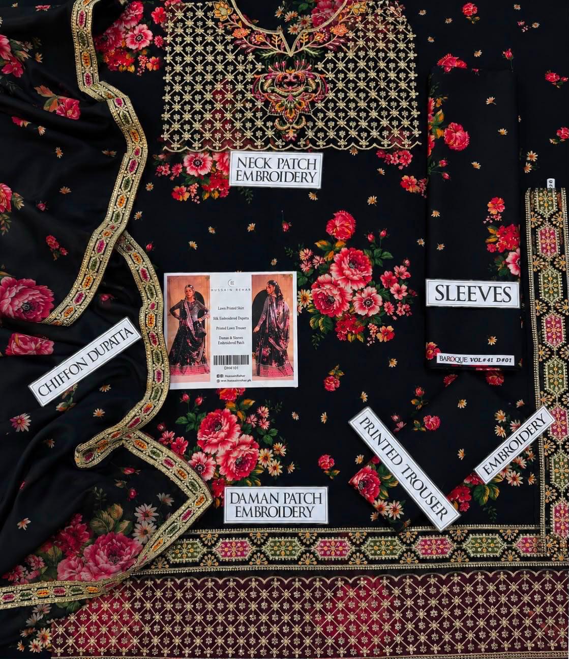 Shop the Hussain Rehar embroidered lawn 3-piece unstitched suit with embroidered chiffon dupatta, daman patch, and printed trouser. Order now from IZ Pattern and Place.