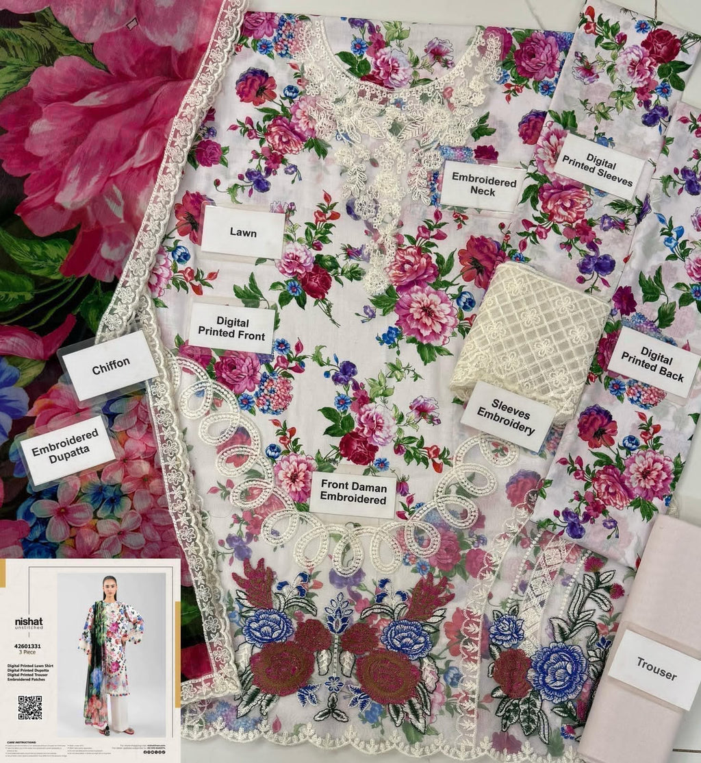 Shop the Nishat digital printed lawn 3-piece unstitched suit with chiffon dupatta, digital printed trouser, and embroidered organza detailing. Order now from IZ Pattern and Place.