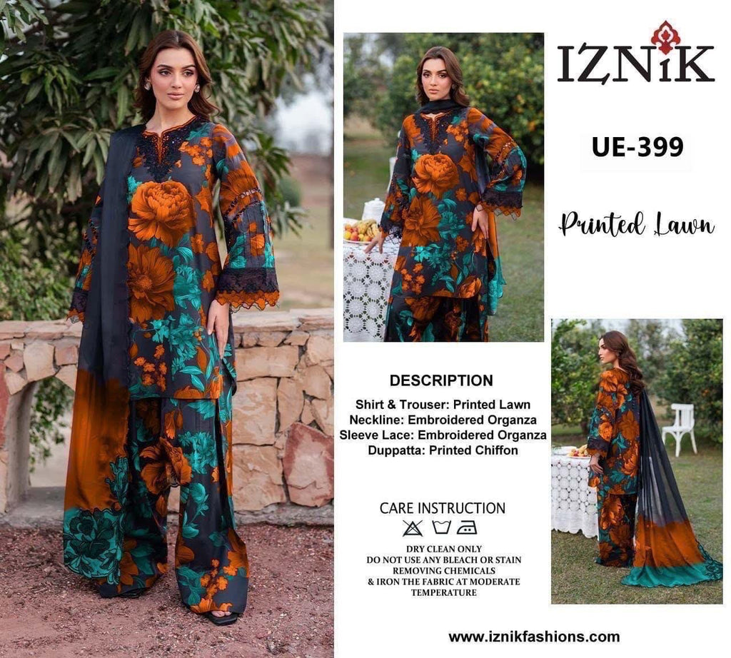 Shop the Iznik digital printed lawn 3-piece unstitched suit with chiffon dupatta, digital printed trouser, and embroidered organza detailing. Order now from IZ Pattern and Place.