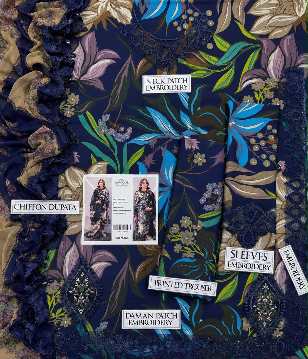 Shop the Baroque digital printed lawn 3-piece unstitched suit with chiffon dupatta, digital printed trouser, and embroidered organza patches. Order now from IZ Pattern and Place.