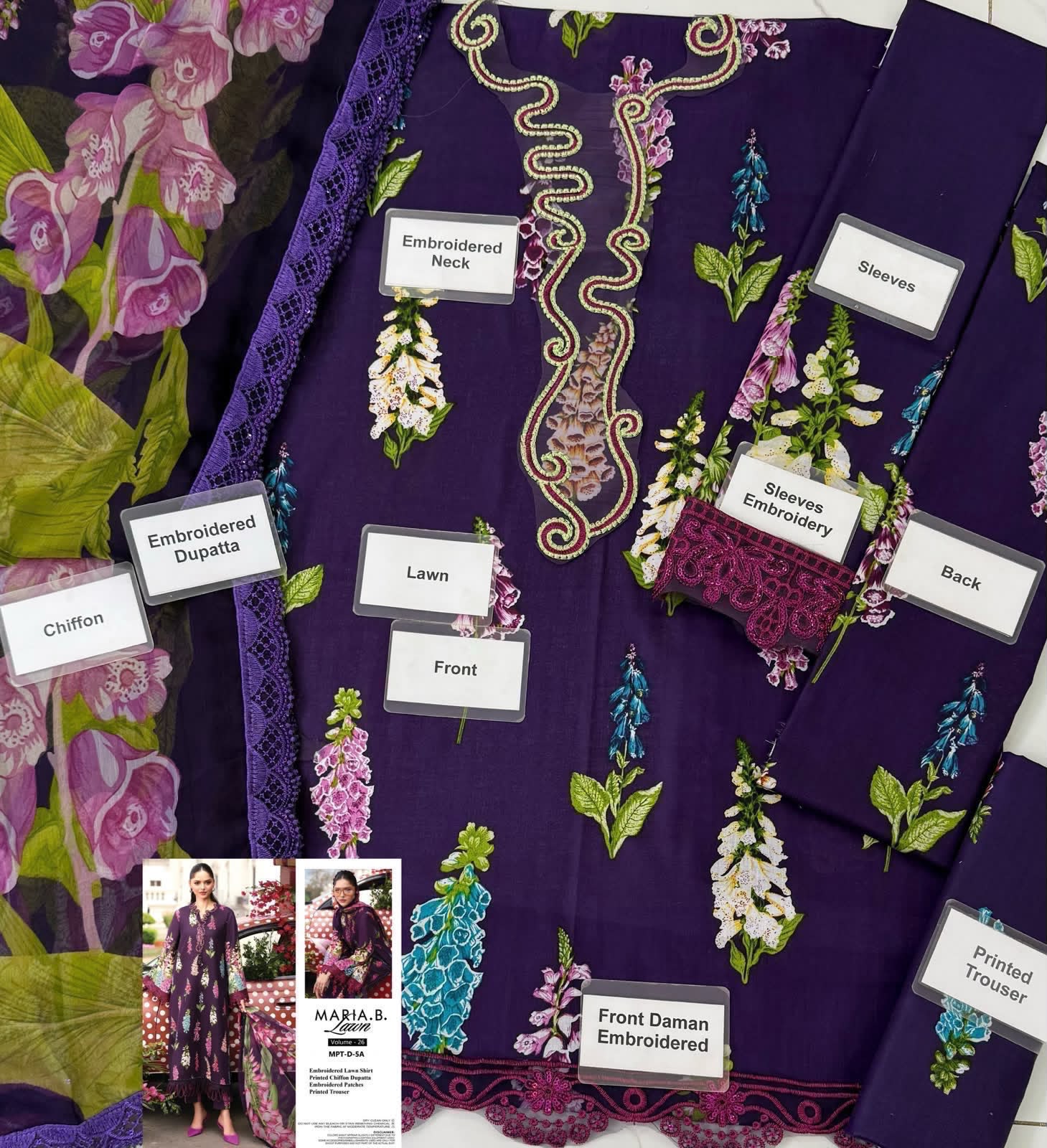 Shop the Maria B digital printed lawn 3-piece unstitched suit with chiffon dupatta, digital printed trouser, and embroidered organza detailing. Order now from IZ Pattern and Place.