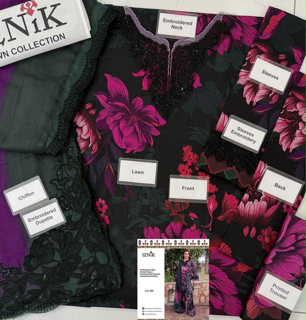 Shop the Iznik digital printed lawn 3-piece unstitched suit with chiffon dupatta, digital printed trouser, and embroidered organza detailing. Order now from IZ Pattern and Place.