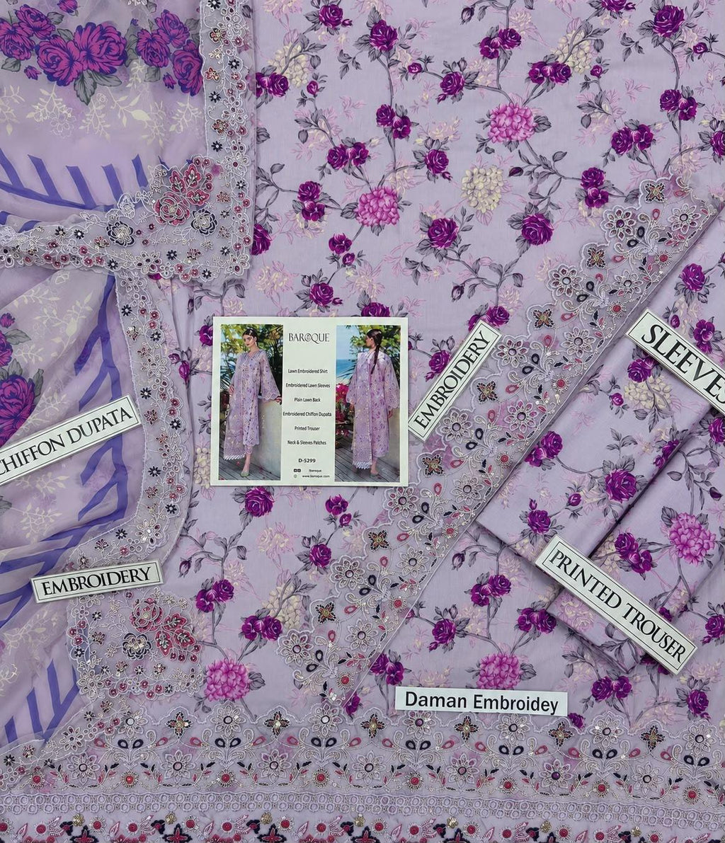 Shop the Baroque digital printed lawn 3-piece unstitched suit with chiffon dupatta, digital printed trouser, and embroidered organza patches. Order now from IZ Pattern and Place.