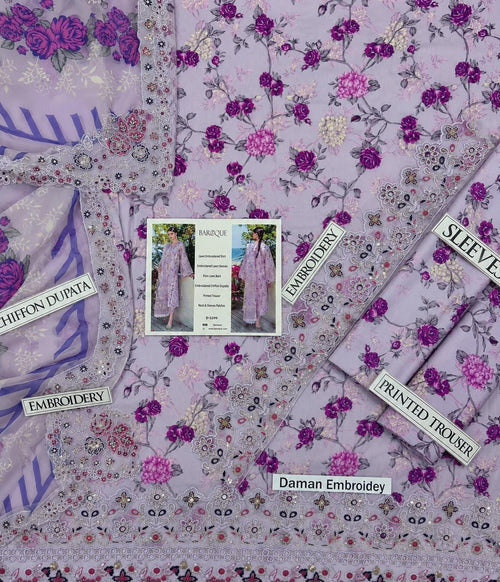 Shop the Baroque digital printed lawn 3-piece unstitched suit with chiffon dupatta, digital printed trouser, and embroidered organza patches. Order now from IZ Pattern and Place.