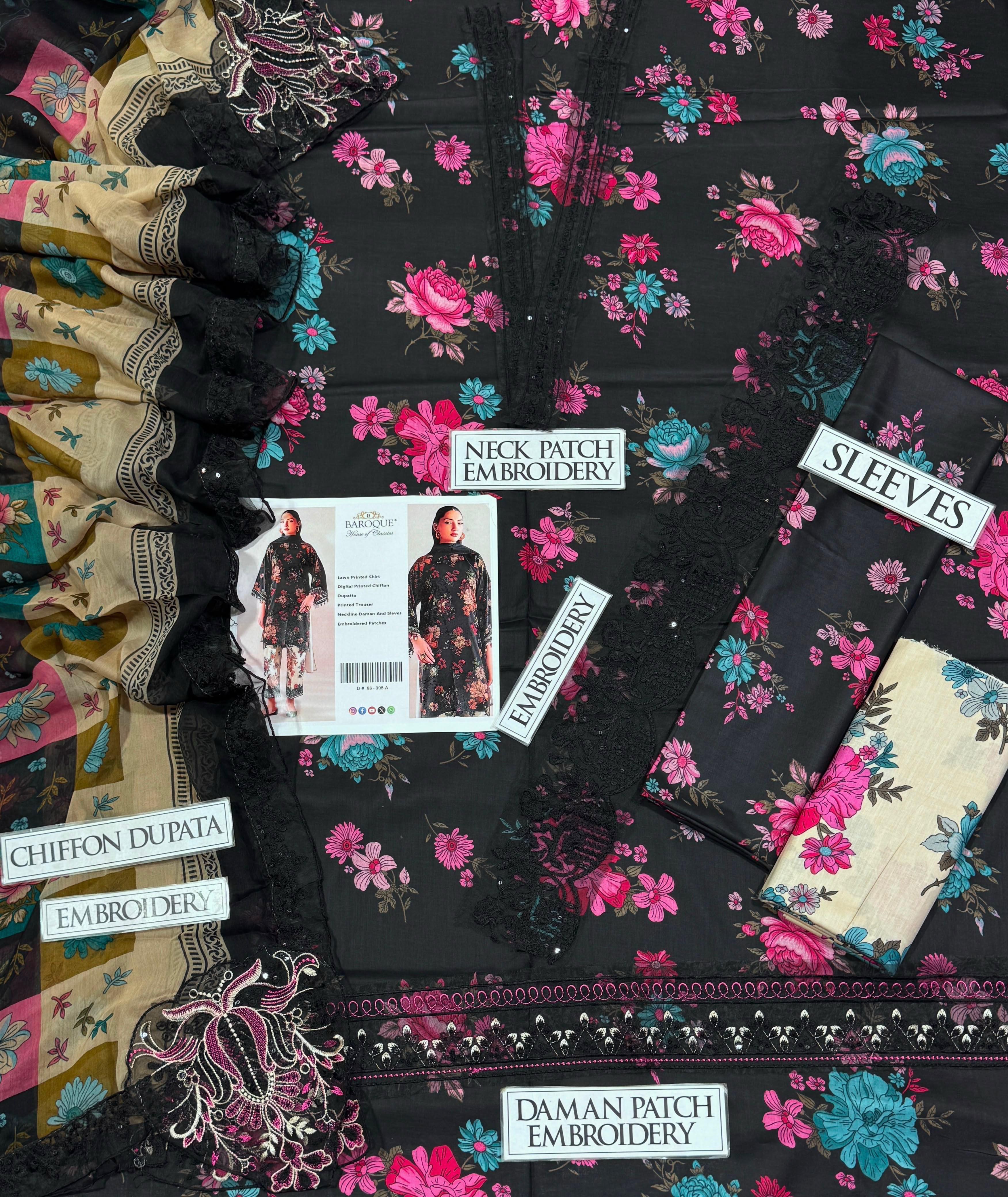 Shop the Baroque digital printed lawn 3-piece unstitched suit with chiffon dupatta, digital printed trouser, and embroidered organza patches. Order now from IZ Pattern and Place.