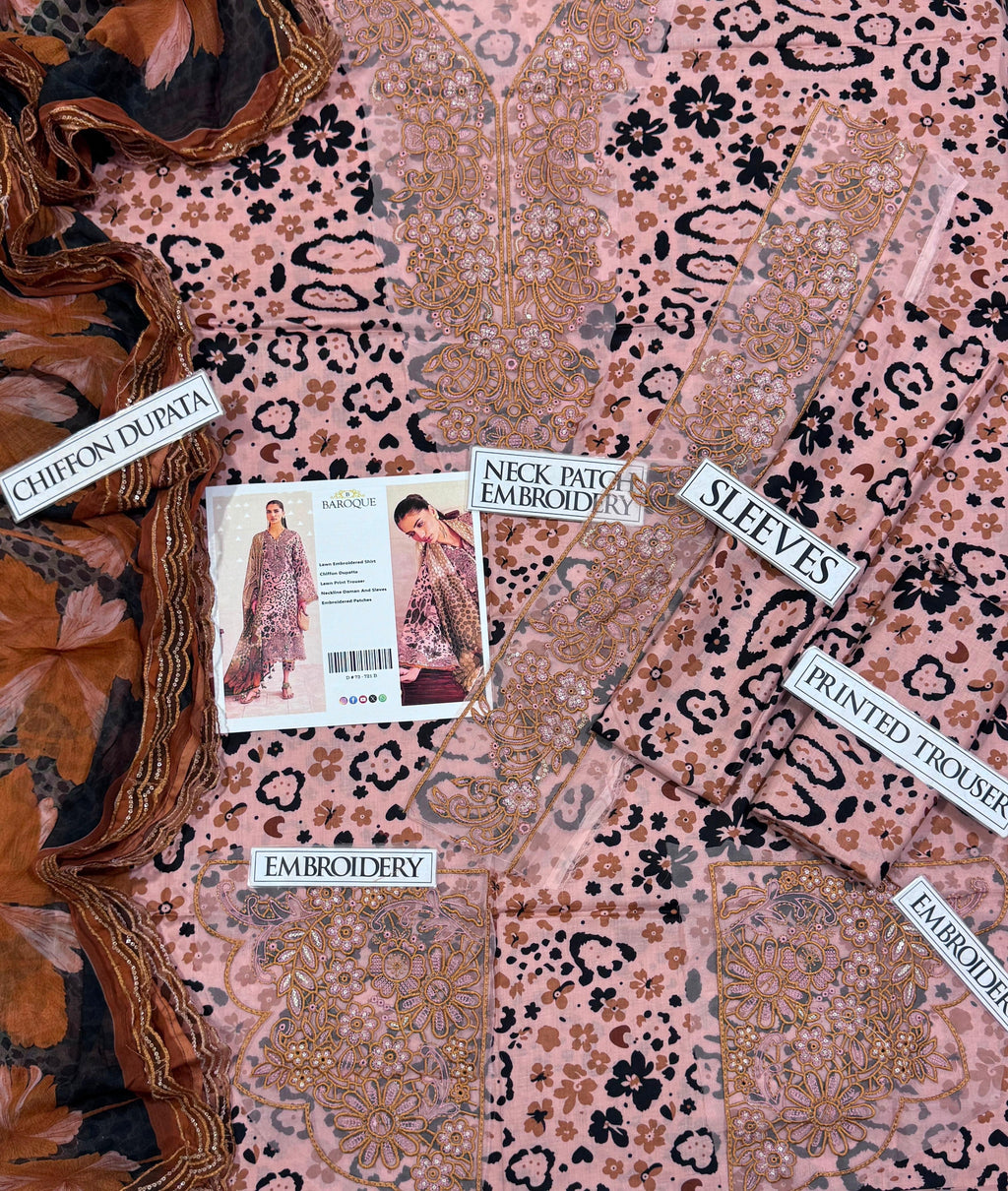 Shop the Baroque digital printed lawn 3-piece unstitched suit with chiffon dupatta, digital printed trouser, and embroidered organza patches. Order now from IZ Pattern and Place.