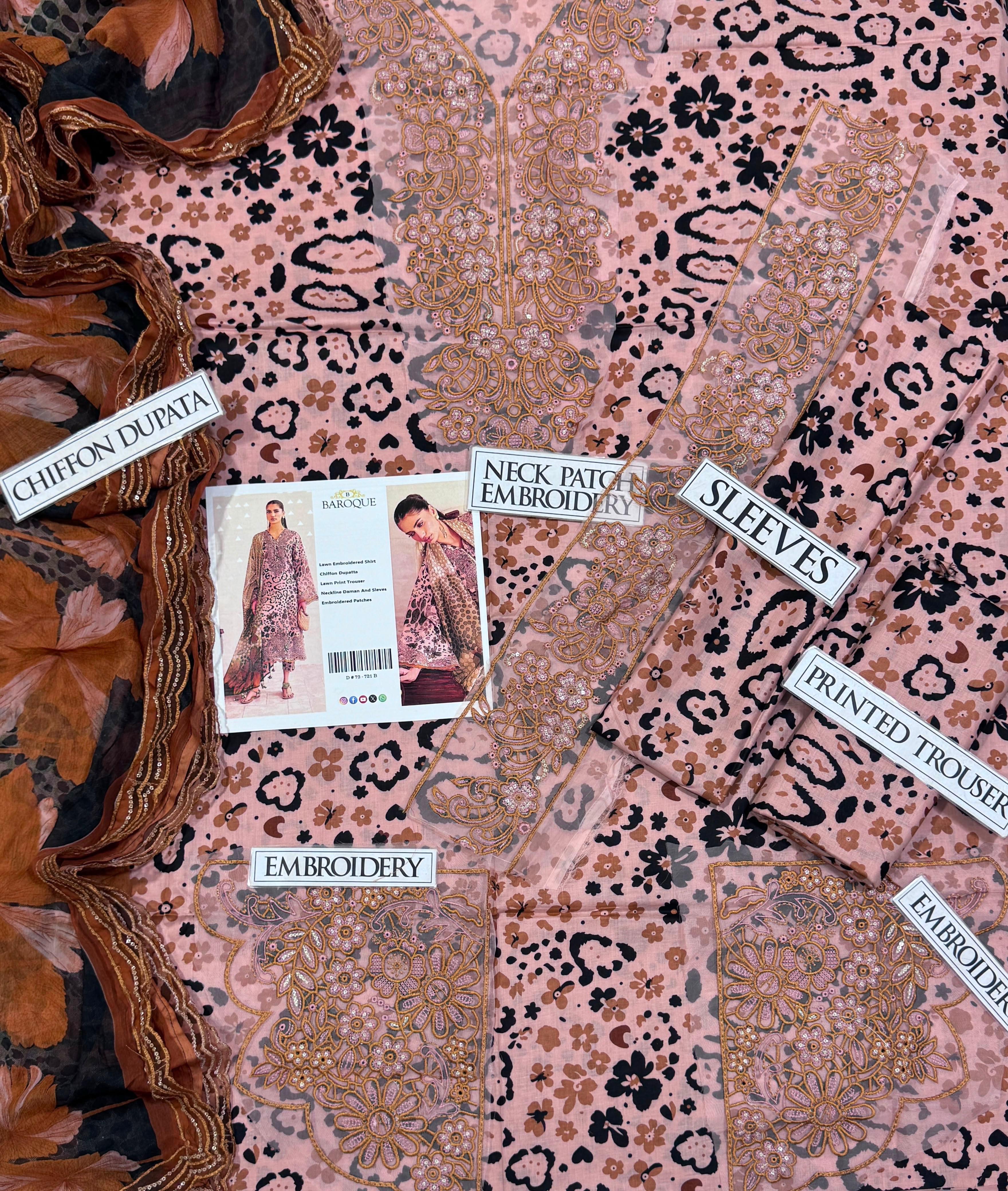 Shop the Baroque digital printed lawn 3-piece unstitched suit with chiffon dupatta, digital printed trouser, and embroidered organza patches. Order now from IZ Pattern and Place.