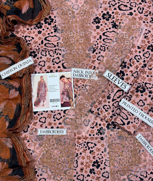 Shop the Baroque digital printed lawn 3-piece unstitched suit with chiffon dupatta, digital printed trouser, and embroidered organza patches. Order now from IZ Pattern and Place.